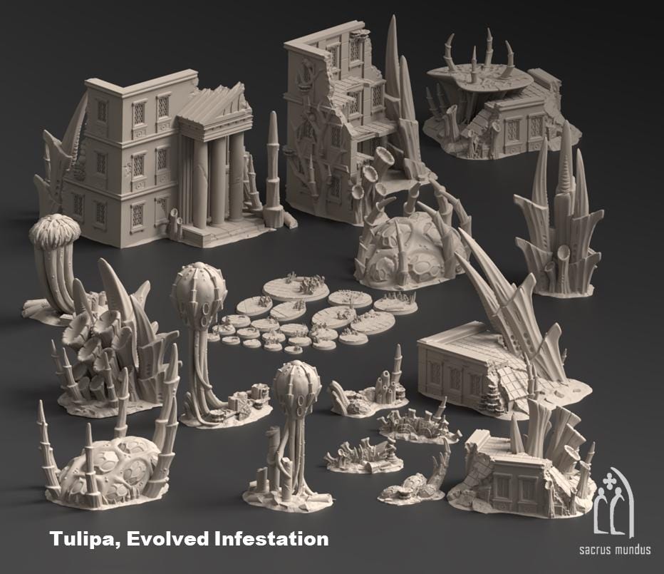 Tulipa, Evolved Infestation. 3d Printing Designs Bundle. Alien Bio Swarm, Hive, Scifi Ruins. Terrain and Scenery for Wargames