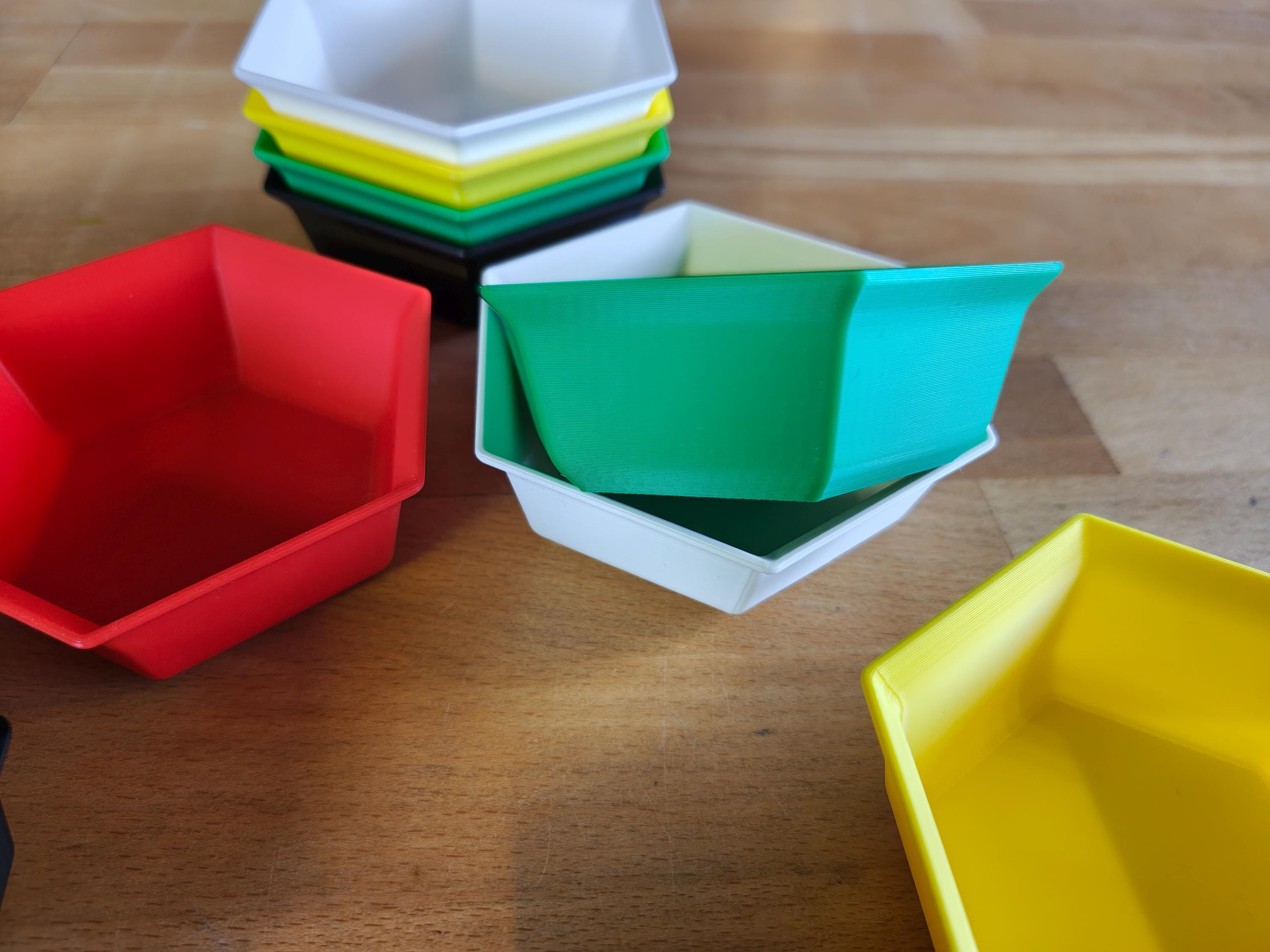Stackable hexagonal board game piece tray made from PLA