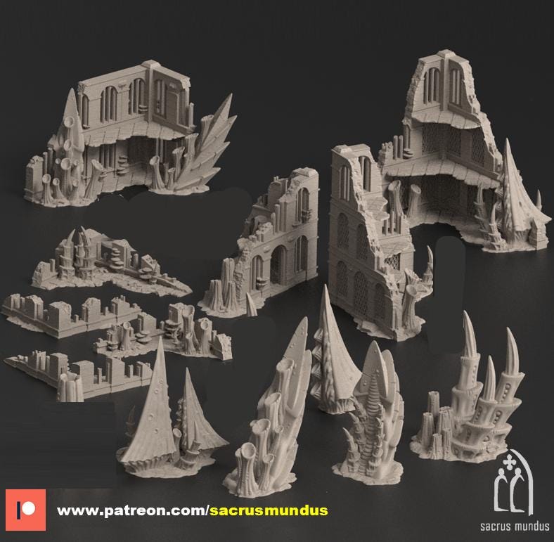 Tulipa, The Infested World. 3d Printing Designs Bundle. Alien Bio Swarm, Hive, Scifi Ruins. Terrain and Scenery for Wargames