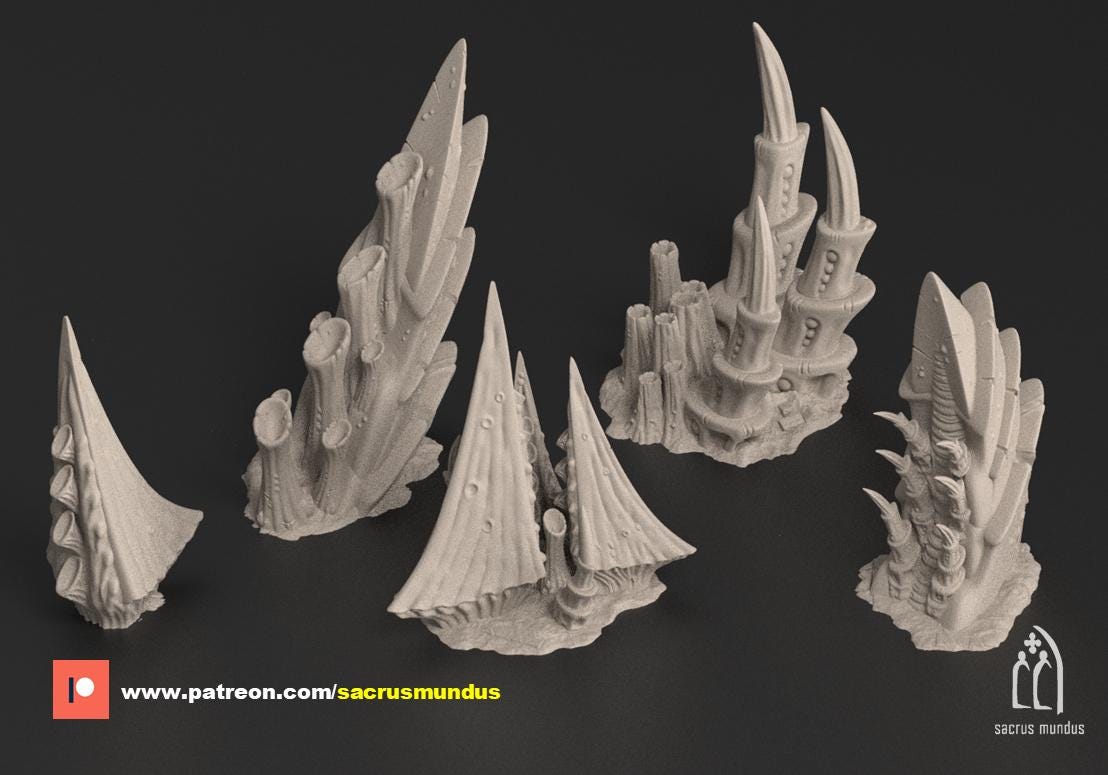 Scatter Terrain | Tulipa, The Infested World. 3d Printing Designs Bundle. Alien Bio Swarm, Hive, Scifi Ruins. Terrain Scenery for Wargames