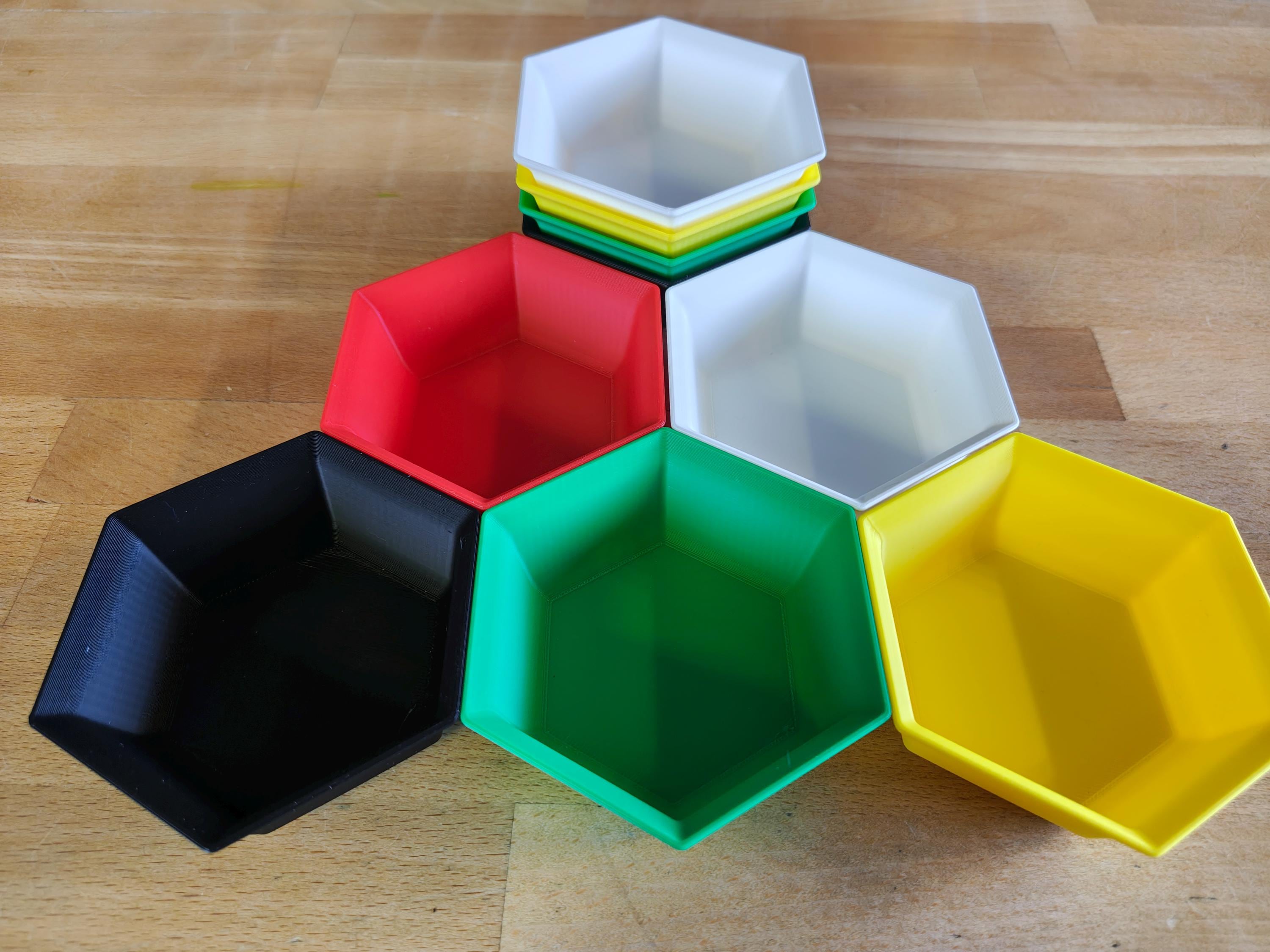 Stackable hexagonal board game piece tray made from PLA