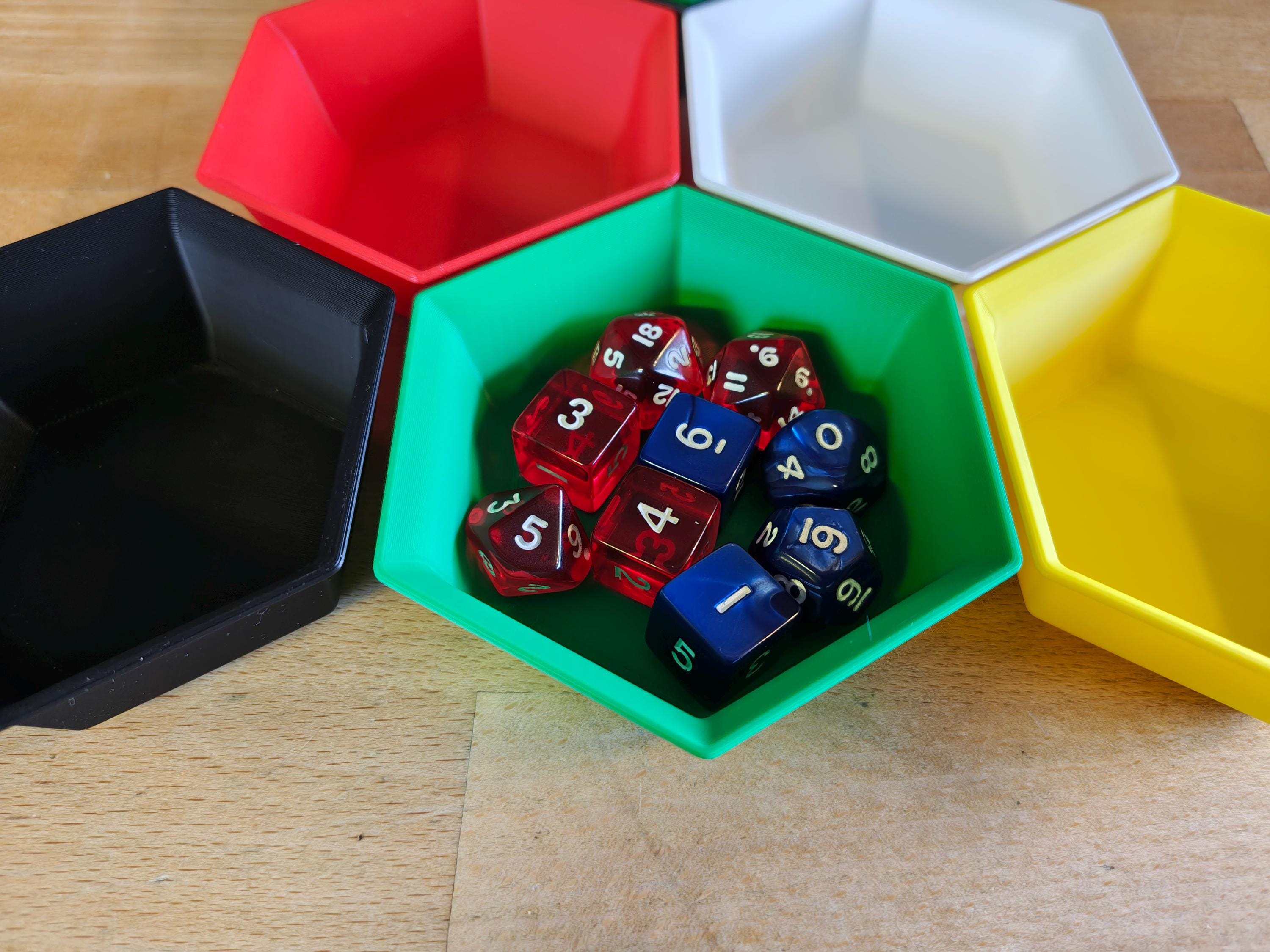 Stackable hexagonal board game piece tray made from PLA